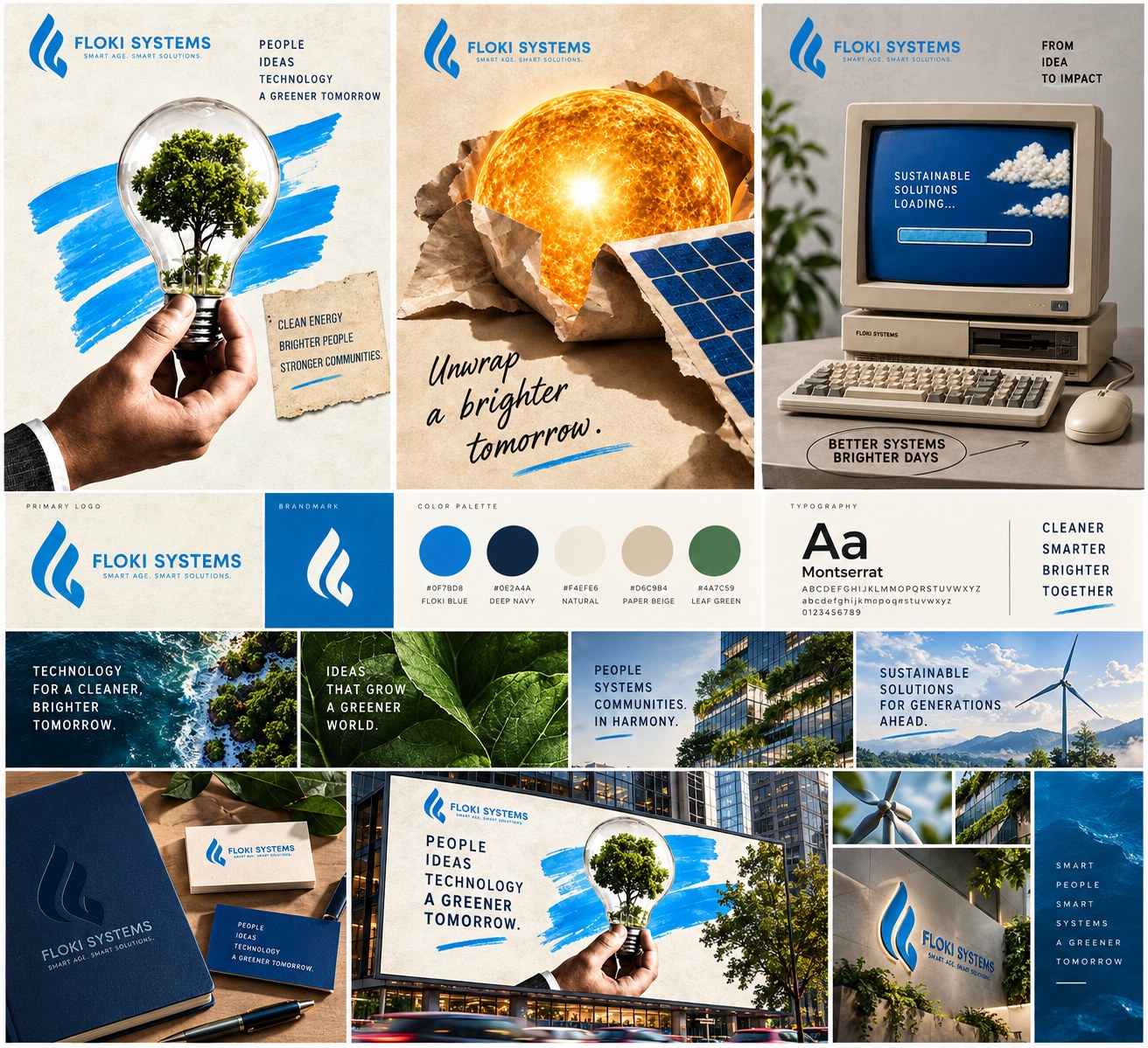 Floki Systems brand board: campaign posts, primary logo, brandmark, colour palette, typography, campaign imagery, stationery, billboard and signage