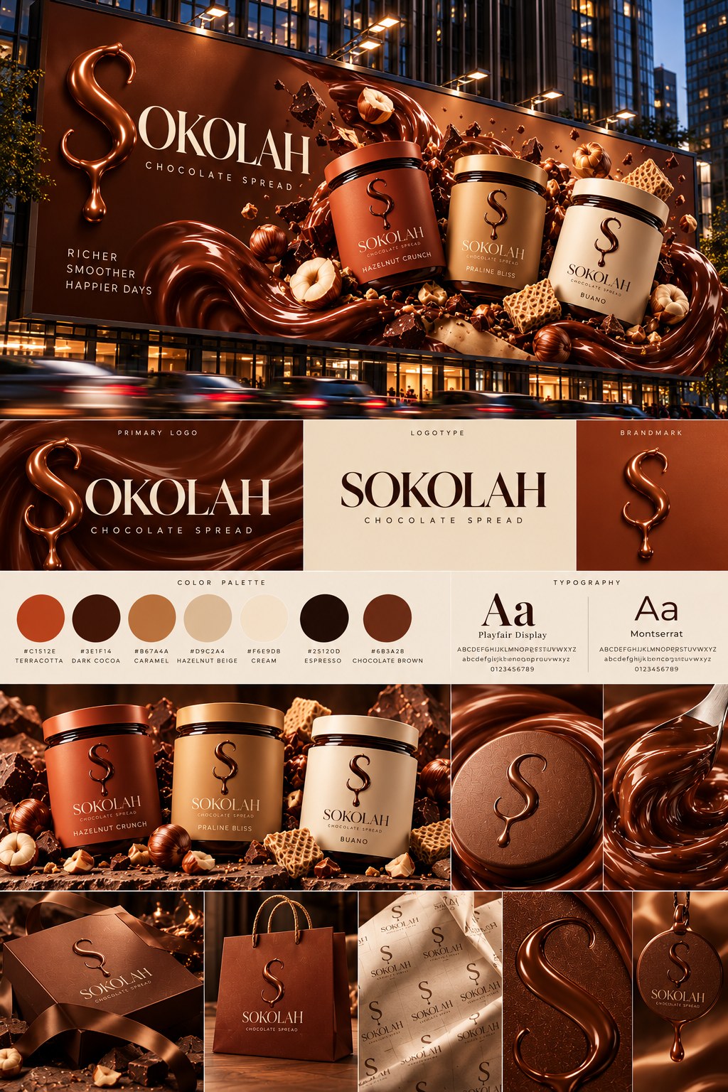 Sokolah brand board: billboard, primary logo, logotype, brandmark, colour palette, typography, jars for Hazelnut Crunch, Praline Bliss and Buano, gift box, bag, wrapping paper and tag